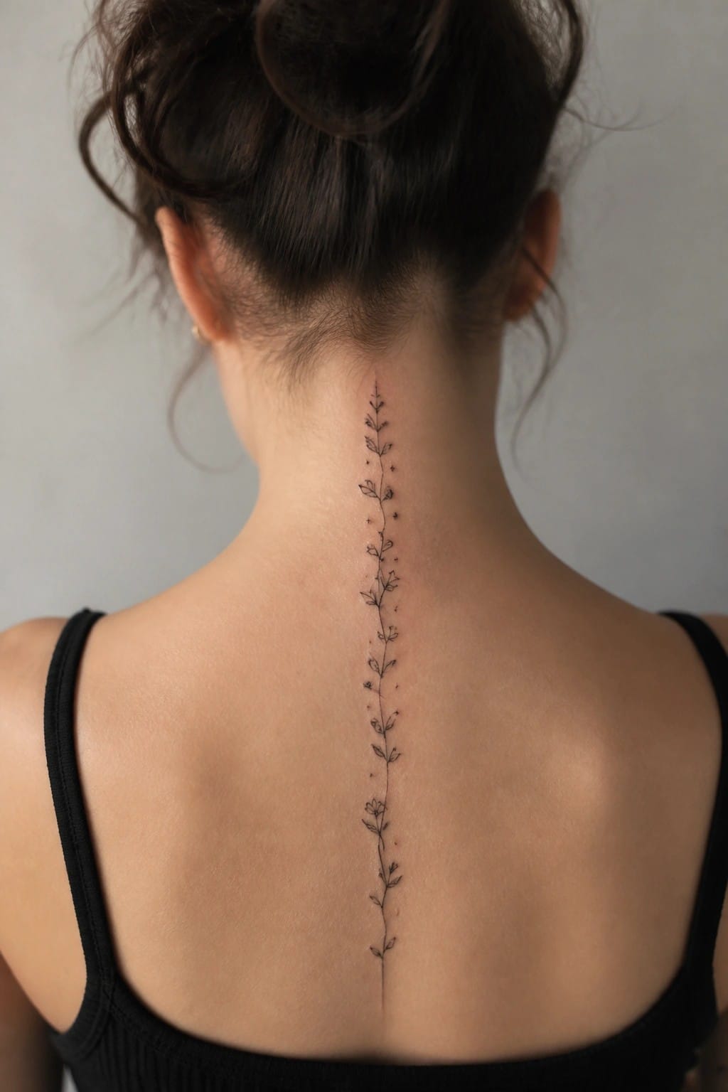 Woman's back with delicate floral vine tattoo along spine, black tank top, hair in bun