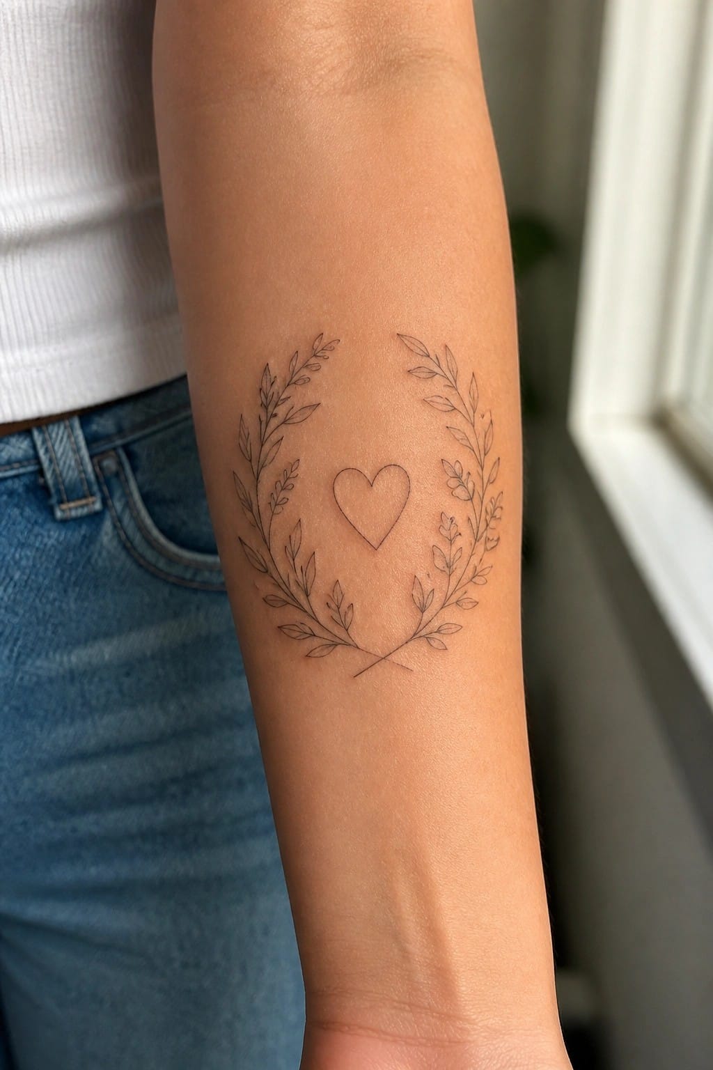 Heart tattoo with leafy branches on forearm, white top and blue jeans visible