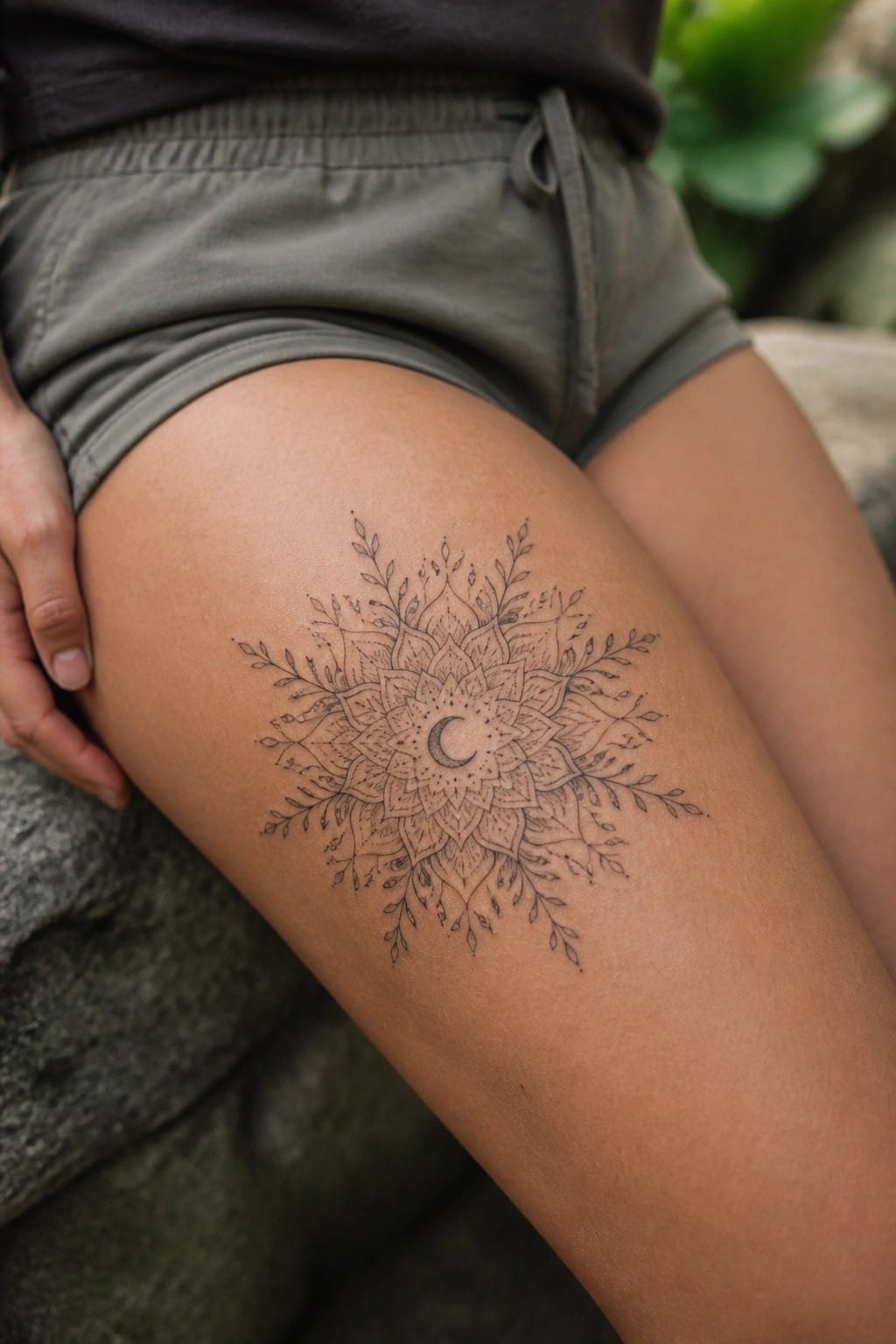 Intricate mandala tattoo with crescent moon and leaves on thigh in gray shorts.