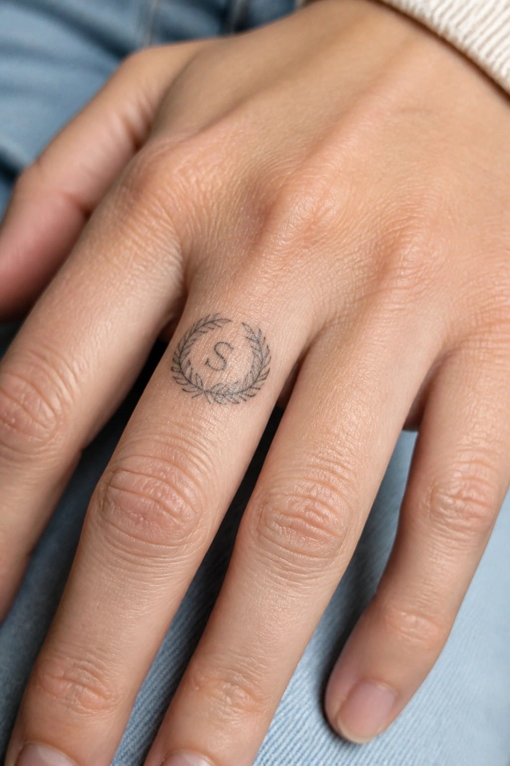 Light-skinned hand with laurel wreath and S tattoo on ring finger over blue denim.