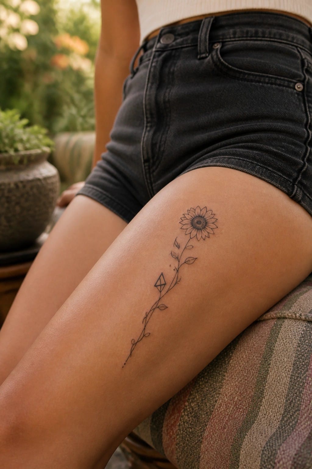 Sunflower vine line tattoo on thigh above black denim shorts outdoors.