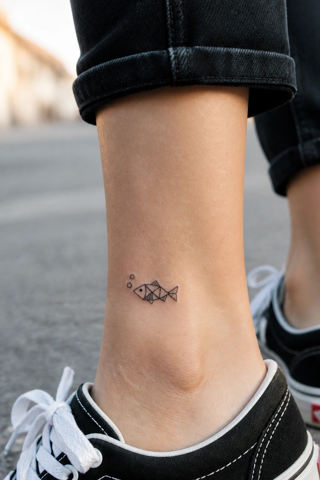 Geometric fish tattoo on ankle with black cuffed jeans and sneakers.