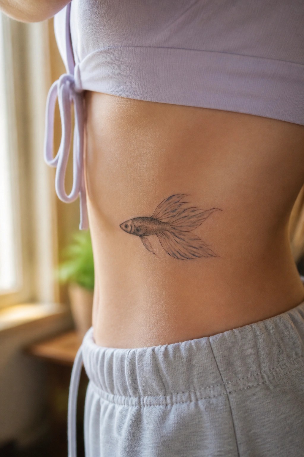 Betta fish tattoo with flowing fins on side below light purple tied crop top