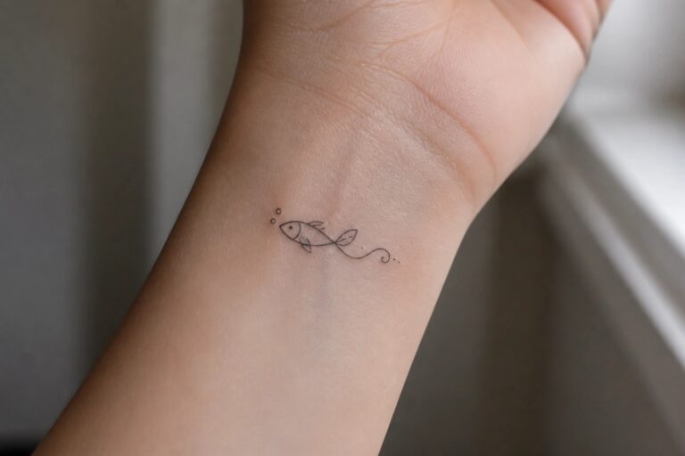 19 Cute Small Fish Tattoo Ideas for Understated Coastal Style Minimalist line drawing of a small fish with bubbles and a wave on the inner wrist
