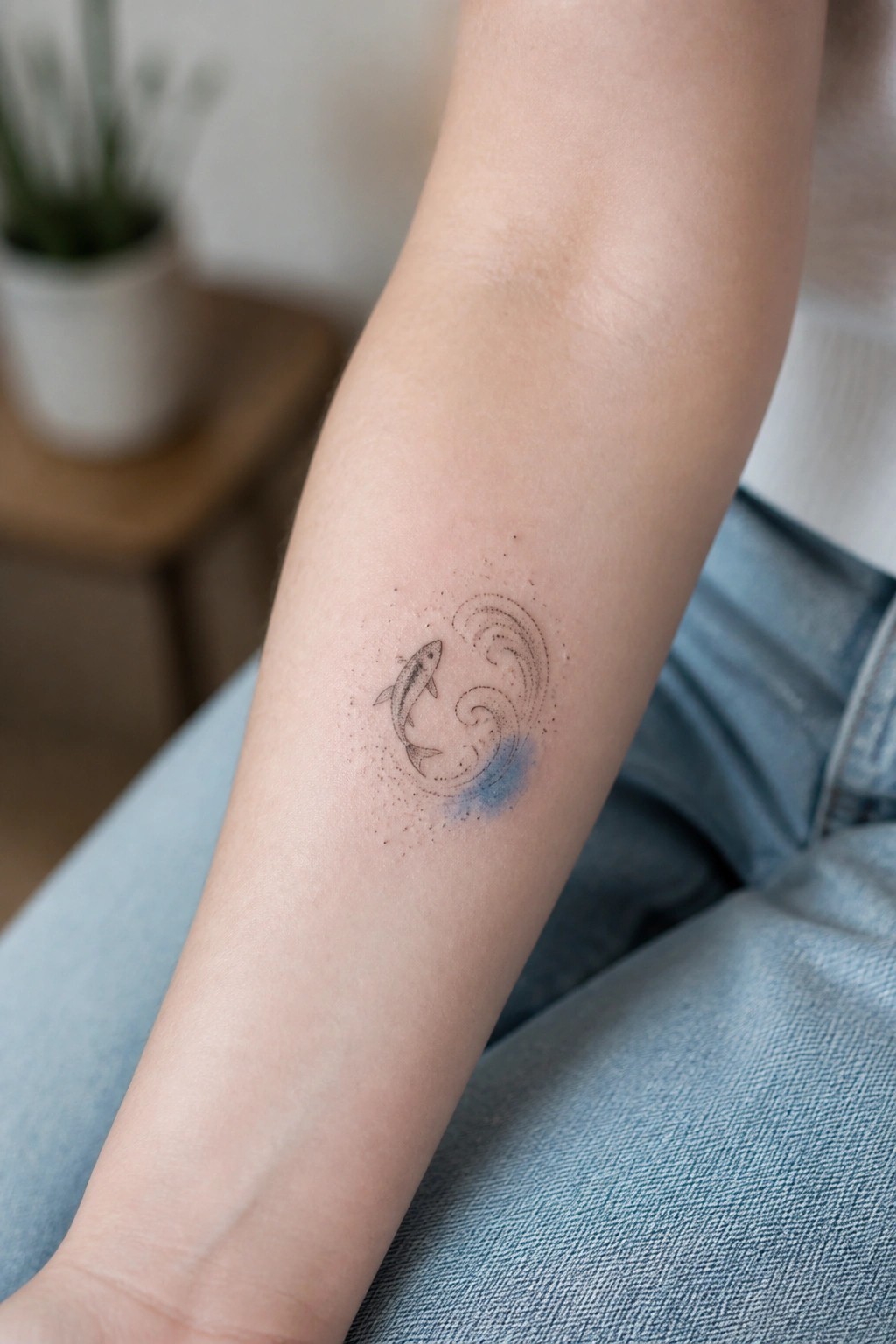 Small fish tattoo with dotted wave swirls on the inner forearm, accented by subtle blue shading at the base.