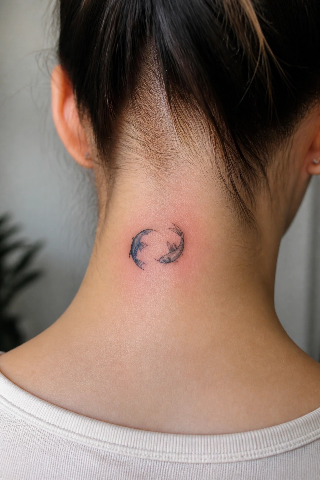 Small circular tattoo of two fish placed on the back of the neck