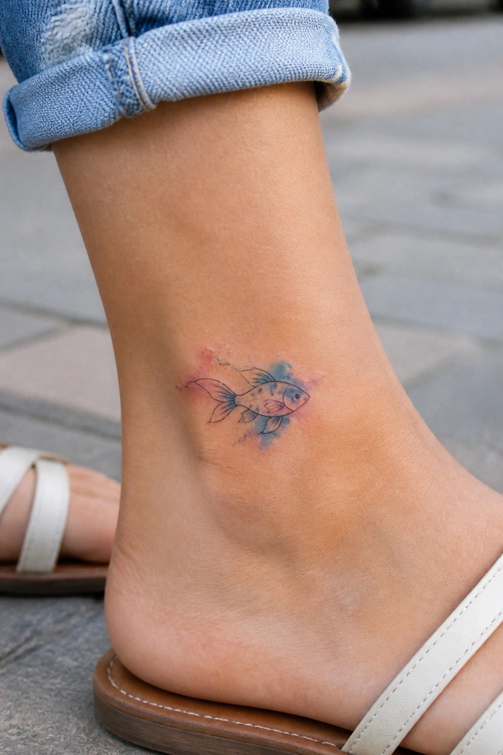 Colorful watercolor fish tattoo on ankle below cuffed blue jeans and white sandal.