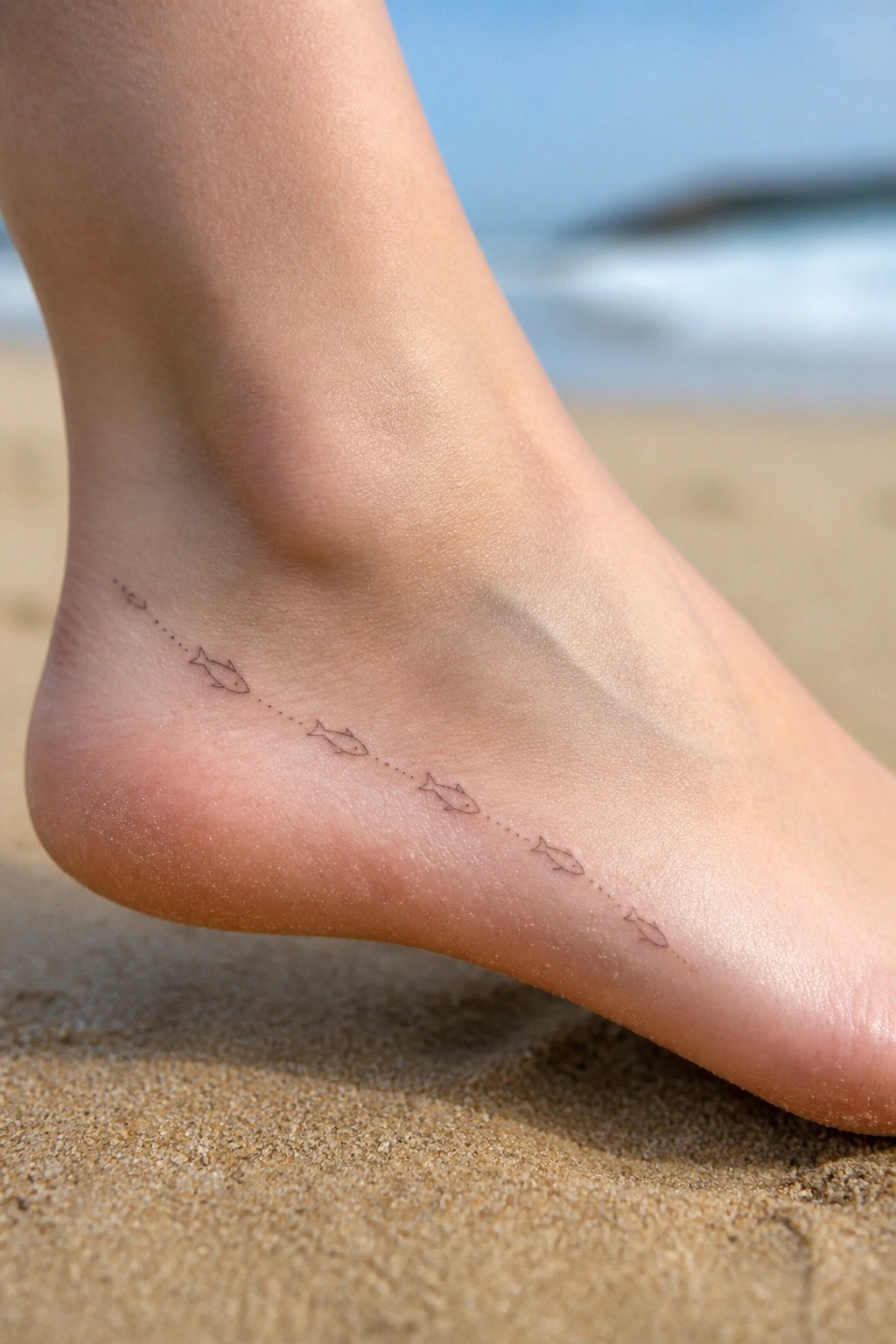Bare foot with fish tattoo along dotted line on sandy beach by ocean