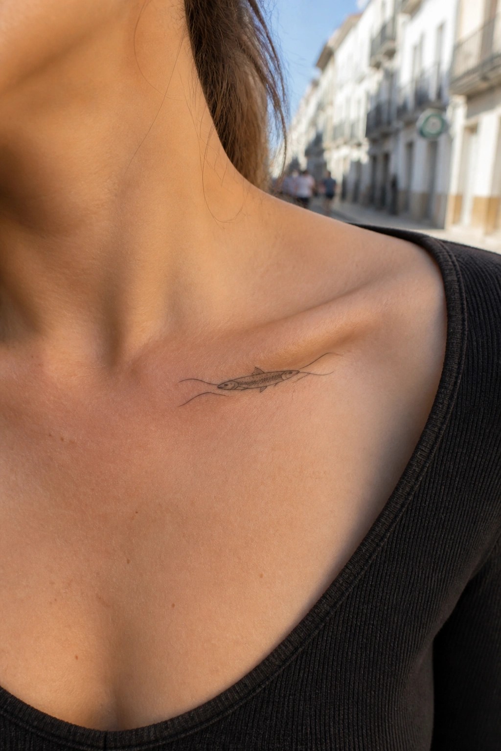 Small fish line tattoo on collarbone above black ribbed top outdoors