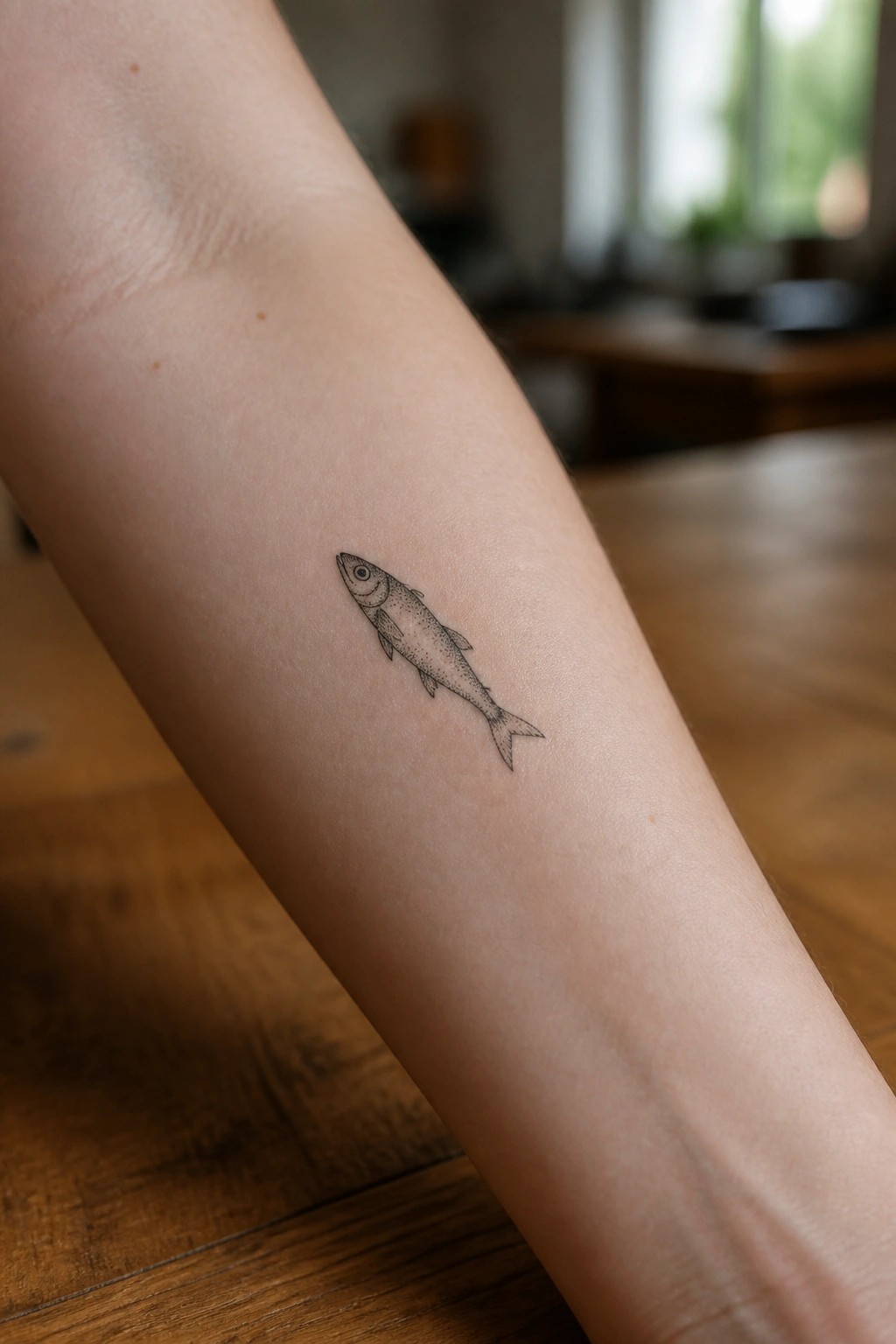 Small fine line fish tattoo on the inner forearm with light shading for texture