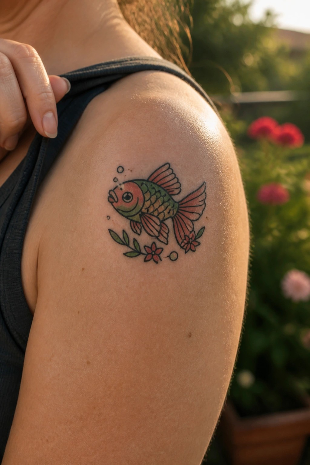 Colorful fish tattoo with flowers on shoulder above dark tank top.