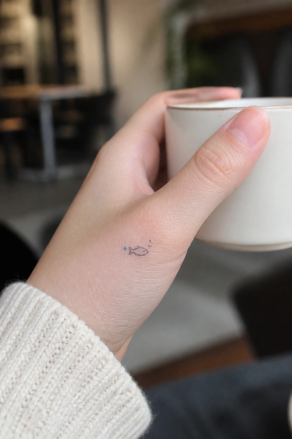 Hand with small fish tattoo holds white cup, white knit sweater visible on wrist.