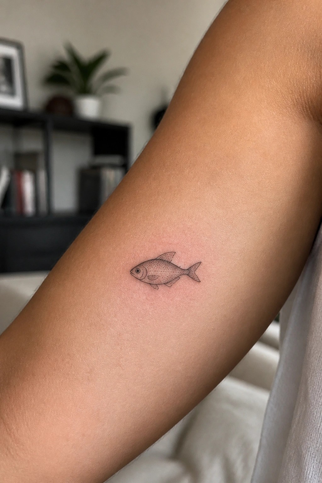 Small black fish tattoo with dotted shading on light upper arm.