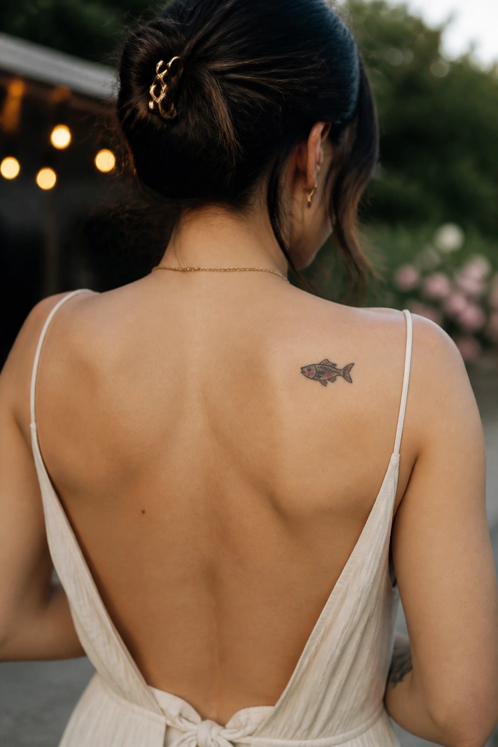 Woman's back with fish tattoo in low-back cream dress, dark hair in gold-clipped bun
