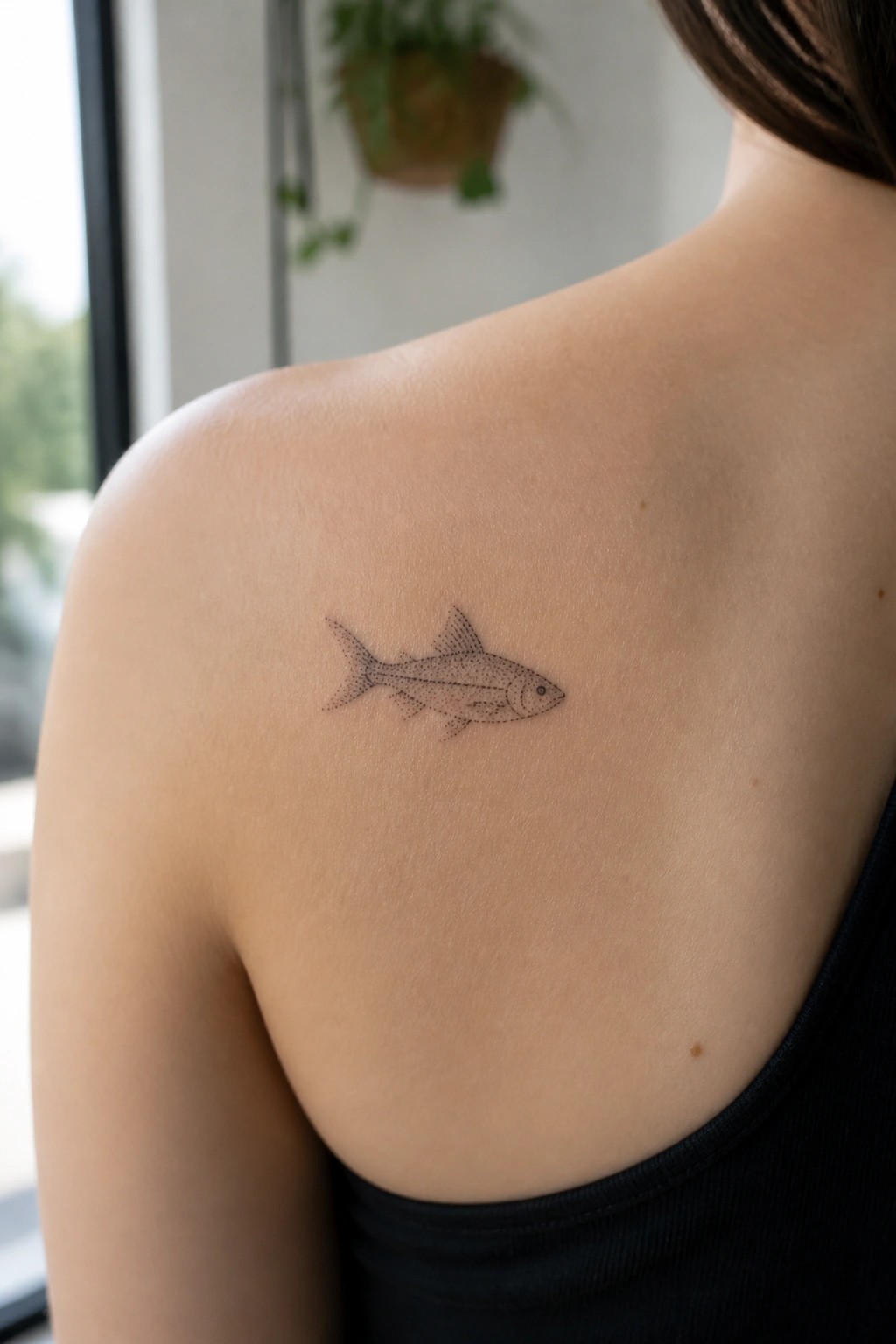 Stippled black fish tattoo on bare shoulder above black tank top.