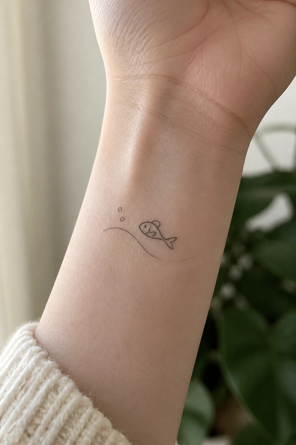 Minimalist line drawing of a small fish with bubbles and a wave on the inner wrist