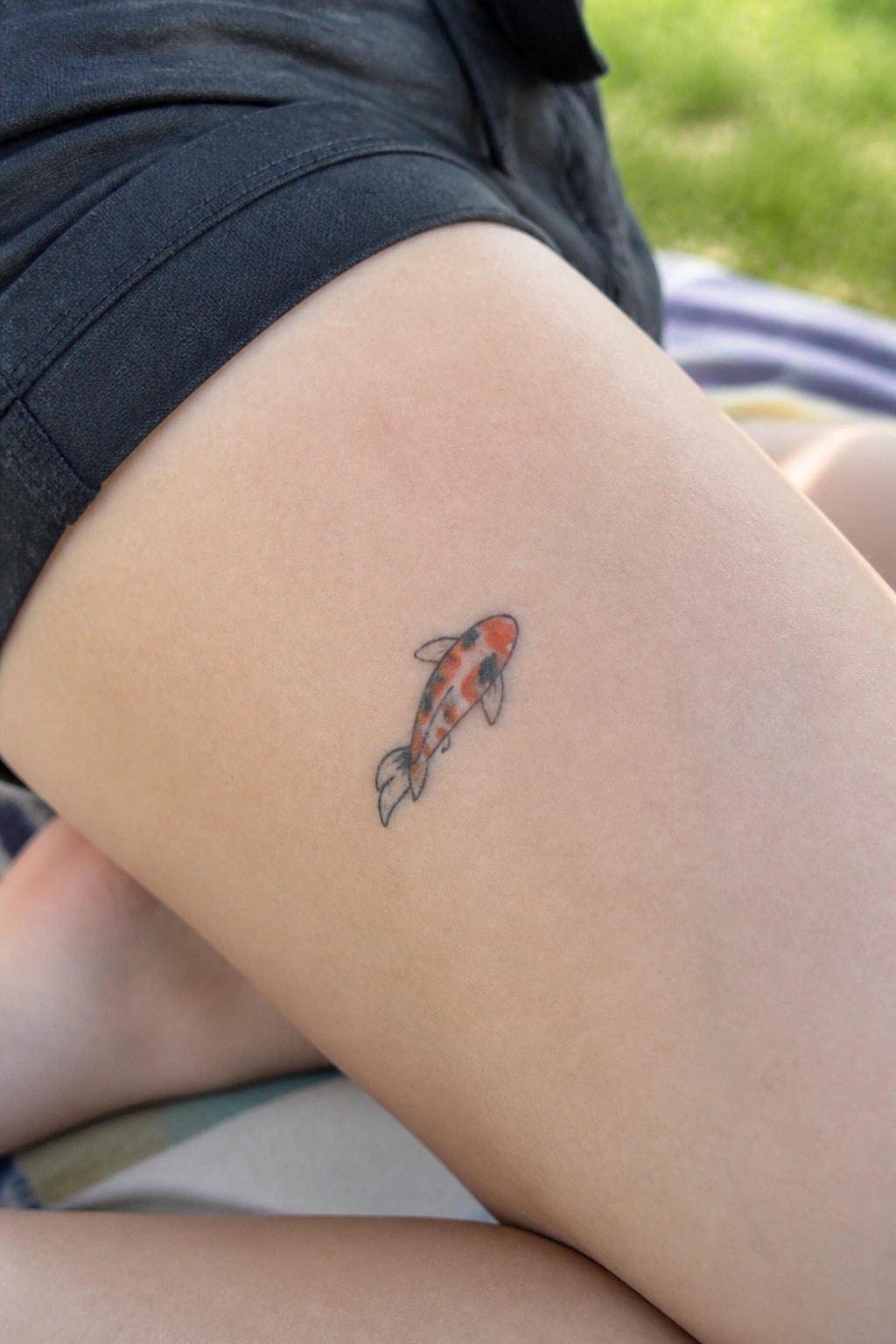Orange koi fish tattoo on thigh of person in dark shorts outdoors