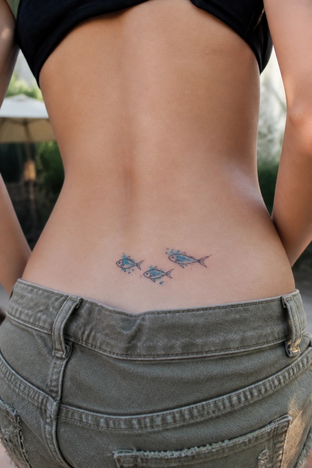 Small watercolor tattoo of three blue fish on lower back above gray jeans.