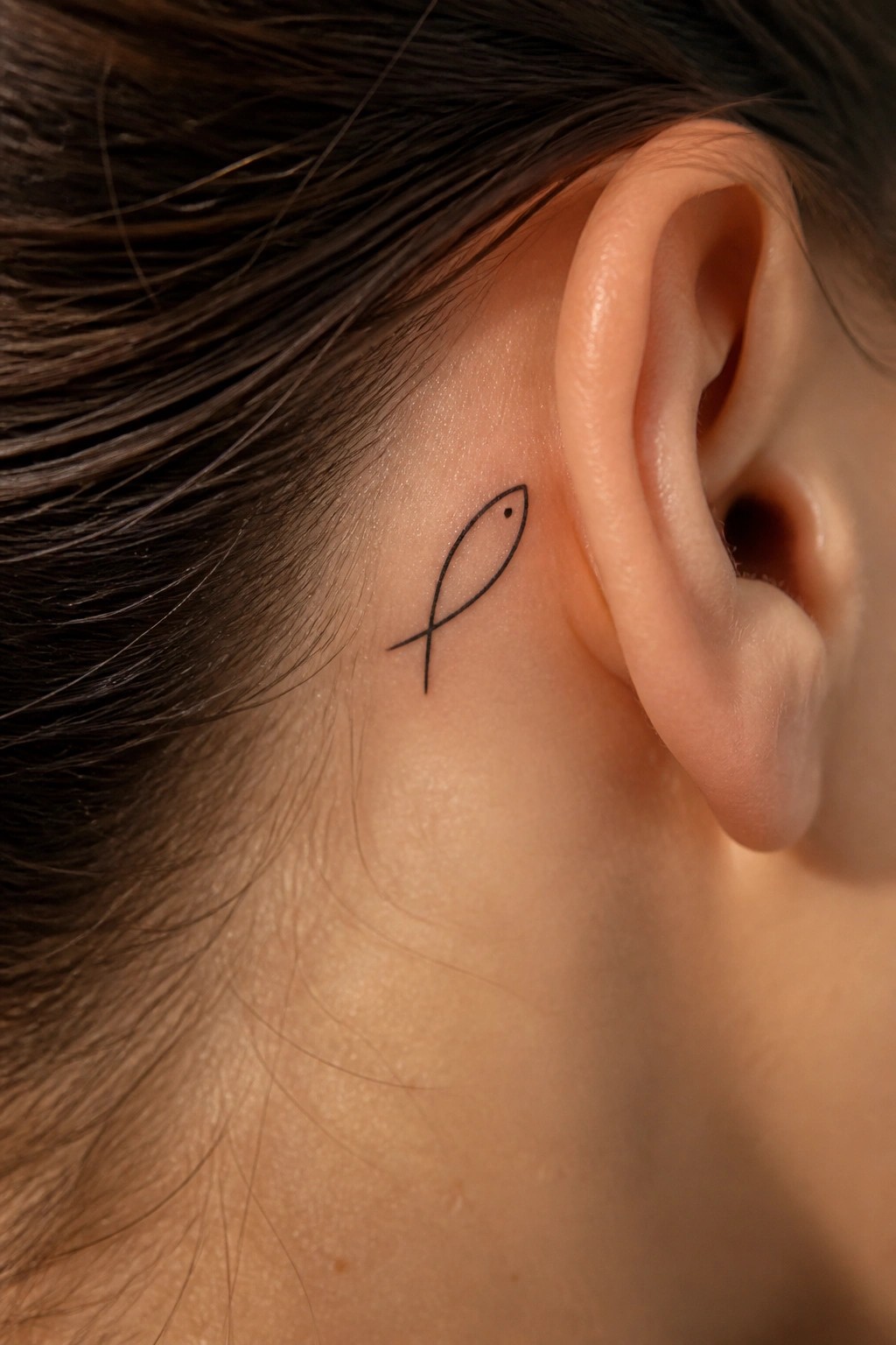 Minimalist line drawing of a small fish tattoo placed behind the ear
