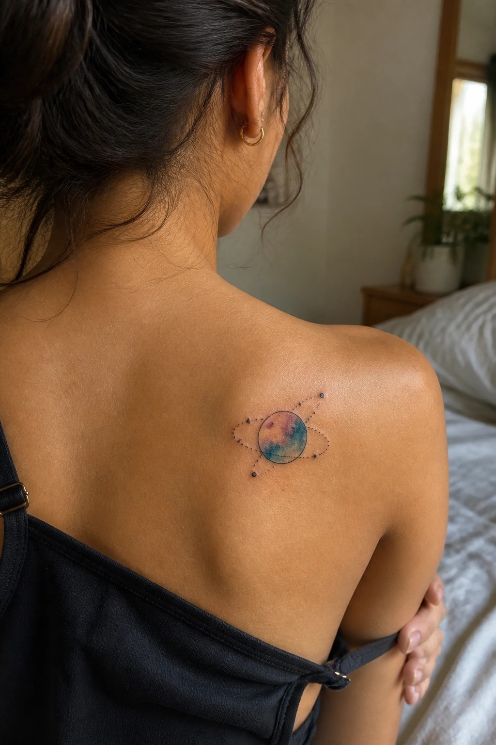 Woman's upper back with colorful watercolor planet tattoo, dark hair, black top