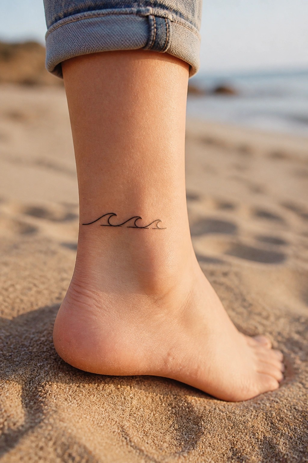 Small black line tattoo of three connected waves on the outer ankle of a bare foot resting in beach sand.