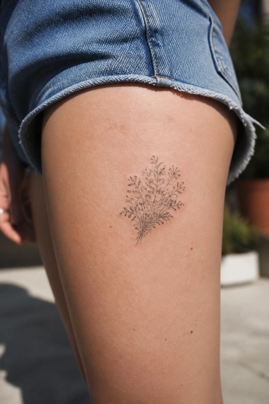 Frayed blue denim shorts above a delicate plant tattoo on thigh.