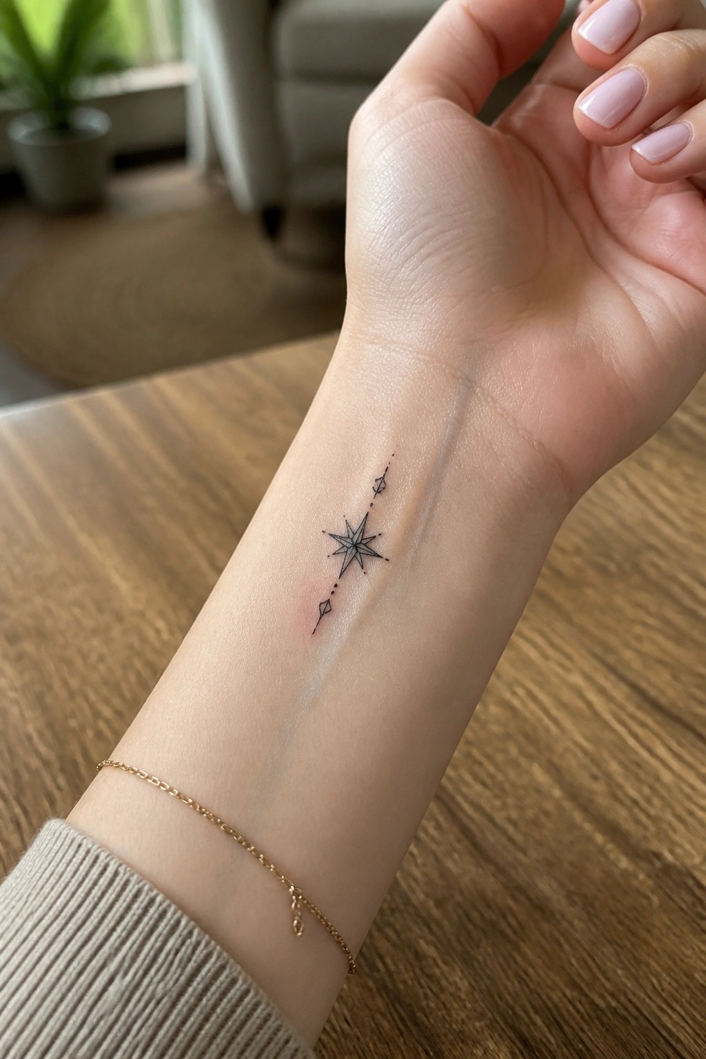 Minimalist black ink star tattoo on the inner wrist with fine lines and dotted extensions