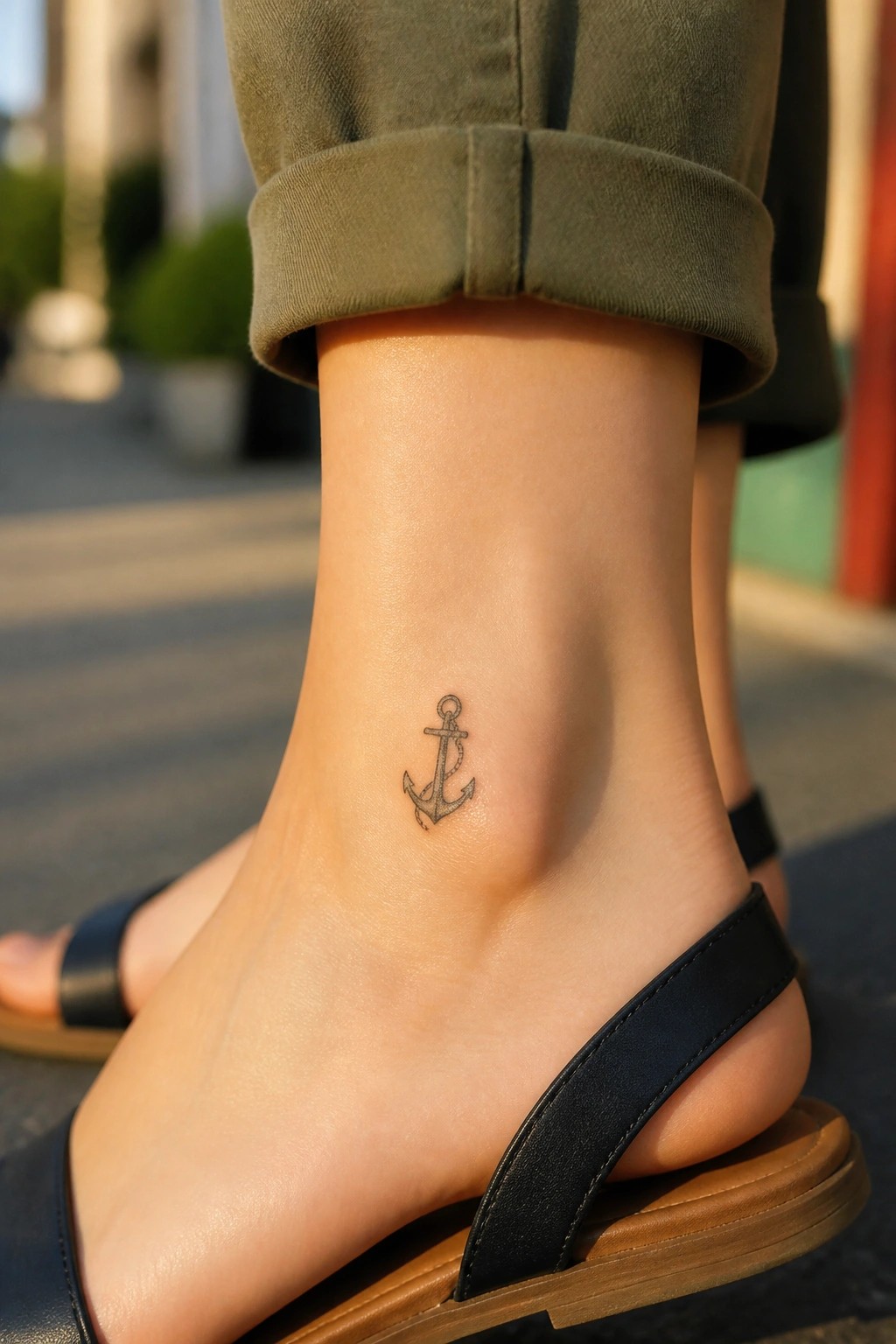 Small anchor tattoo on ankle with rolled olive pants and black sandals.