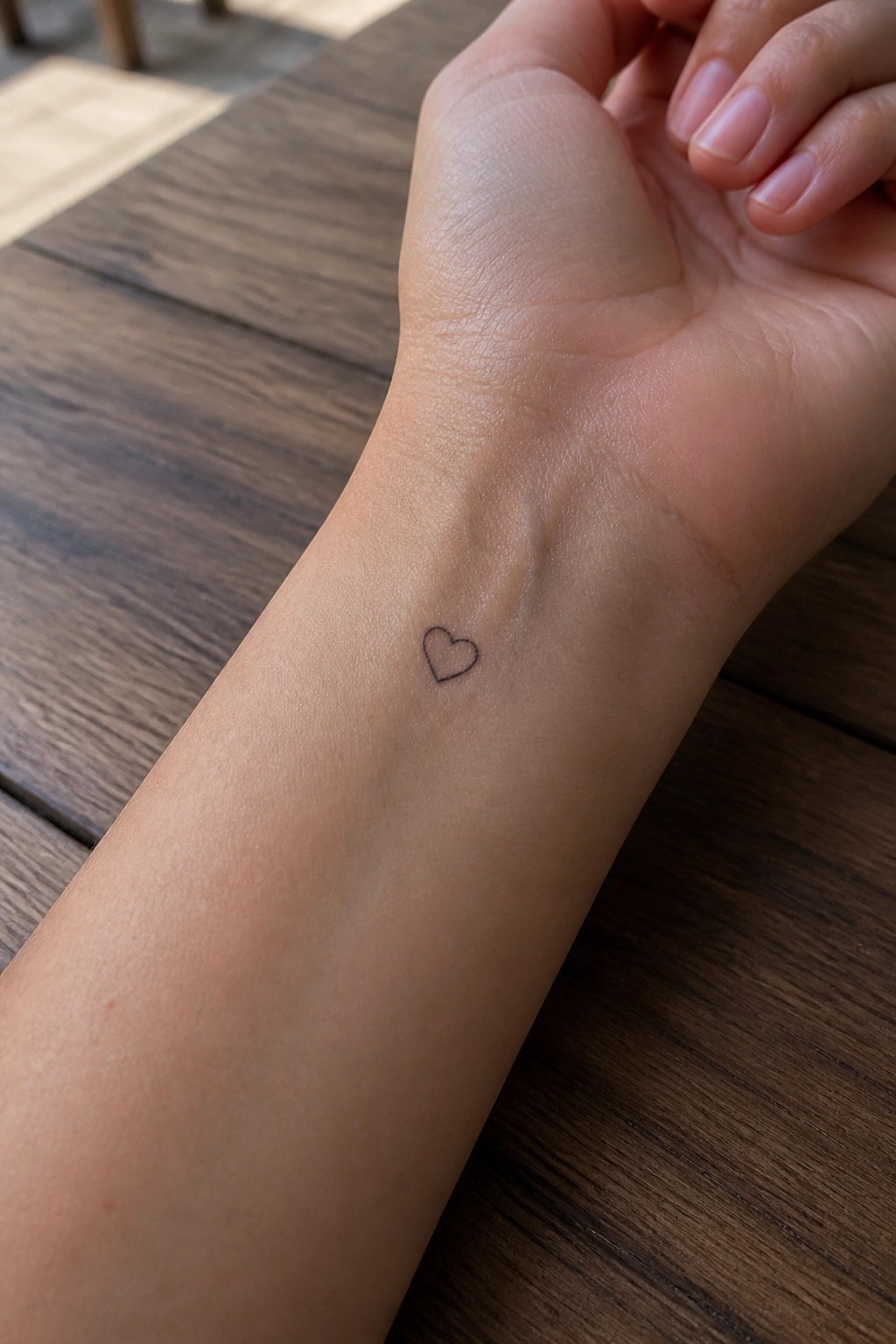 Small black heart outline tattoo on the inner wrist resting on a wooden surface