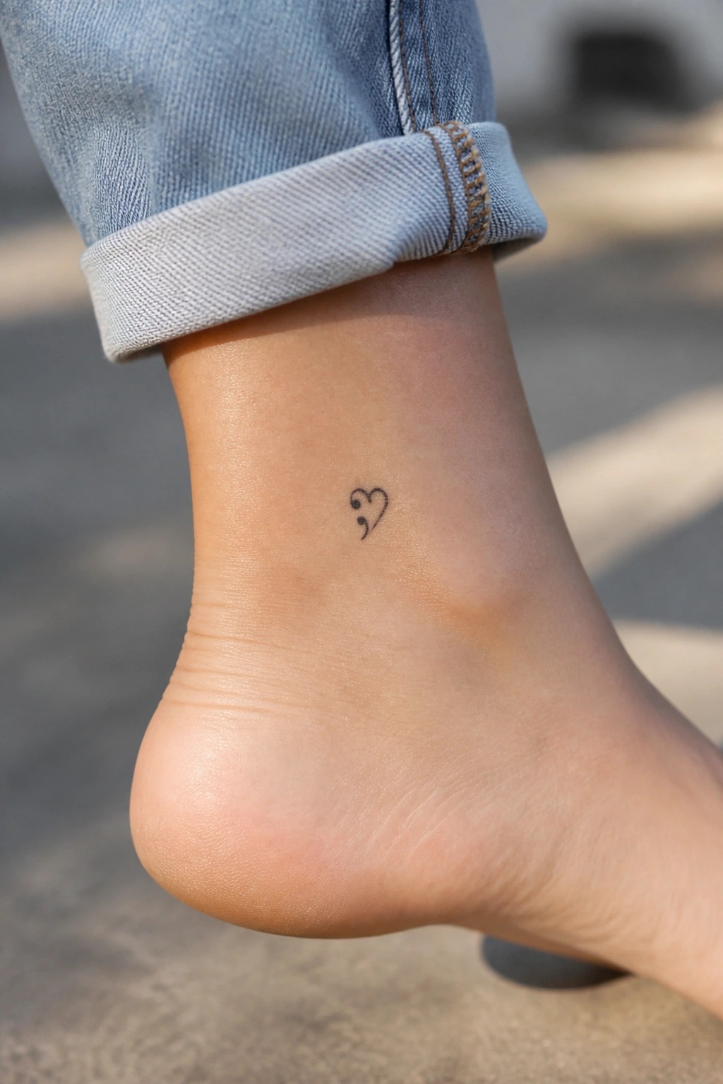 Ankle with heart-shaped semicolon tattoo beneath rolled light blue jeans cuff