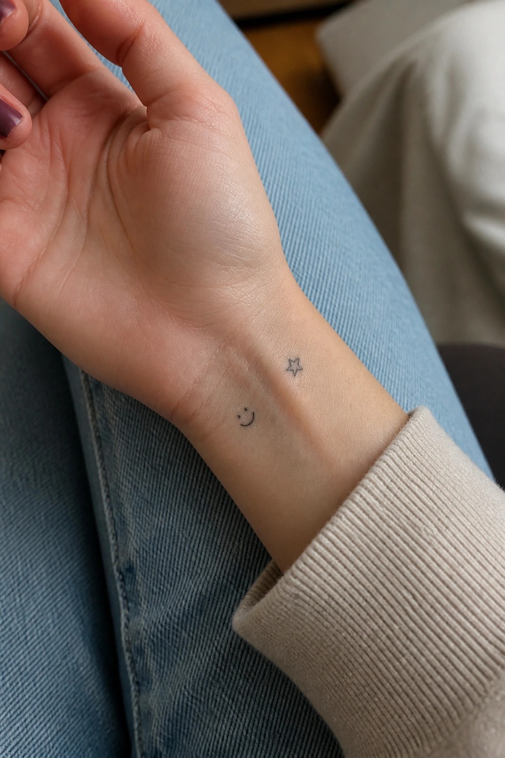 Smiley face and star tattoos on wrist beside beige sweater on blue jeans
