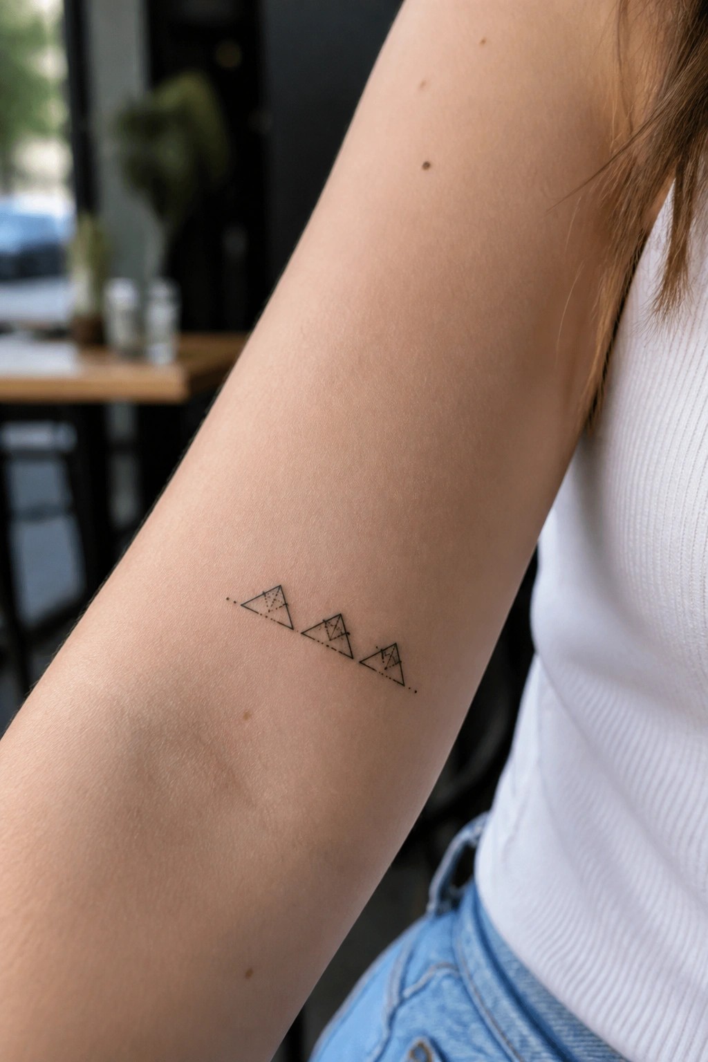 Arm with three black geometric mountain tattoos beside white tank top and blue jeans