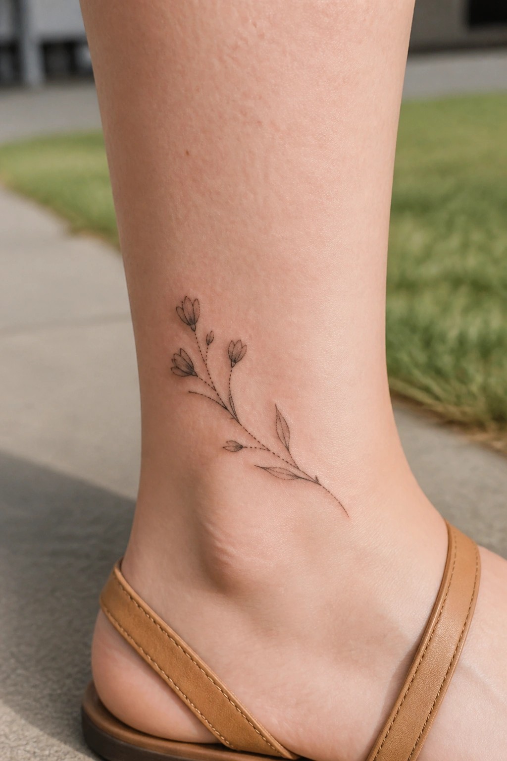 Delicate fine-line floral tattoo on ankle above brown sandal strap