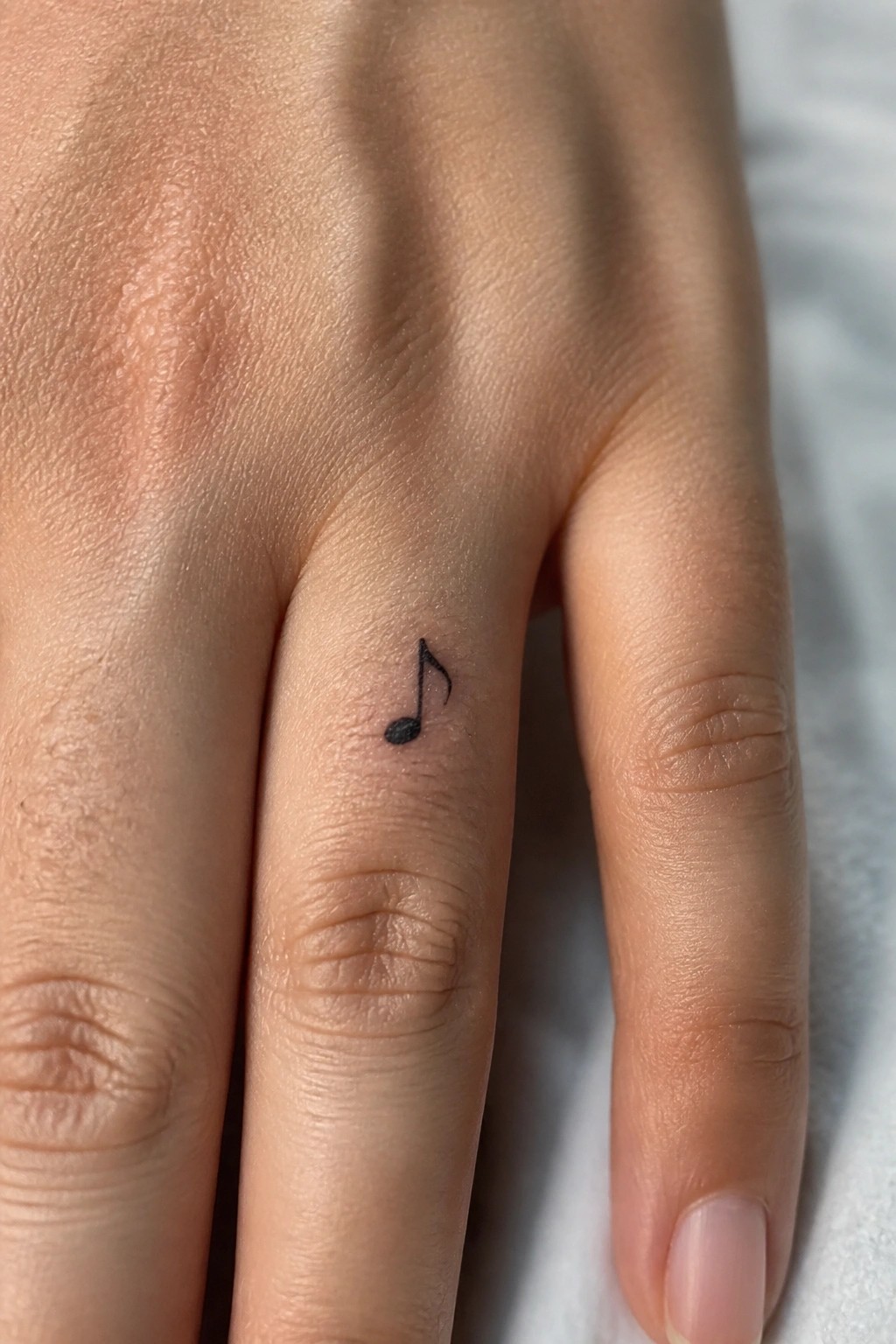 Small black musical note tattoo on the side of a finger