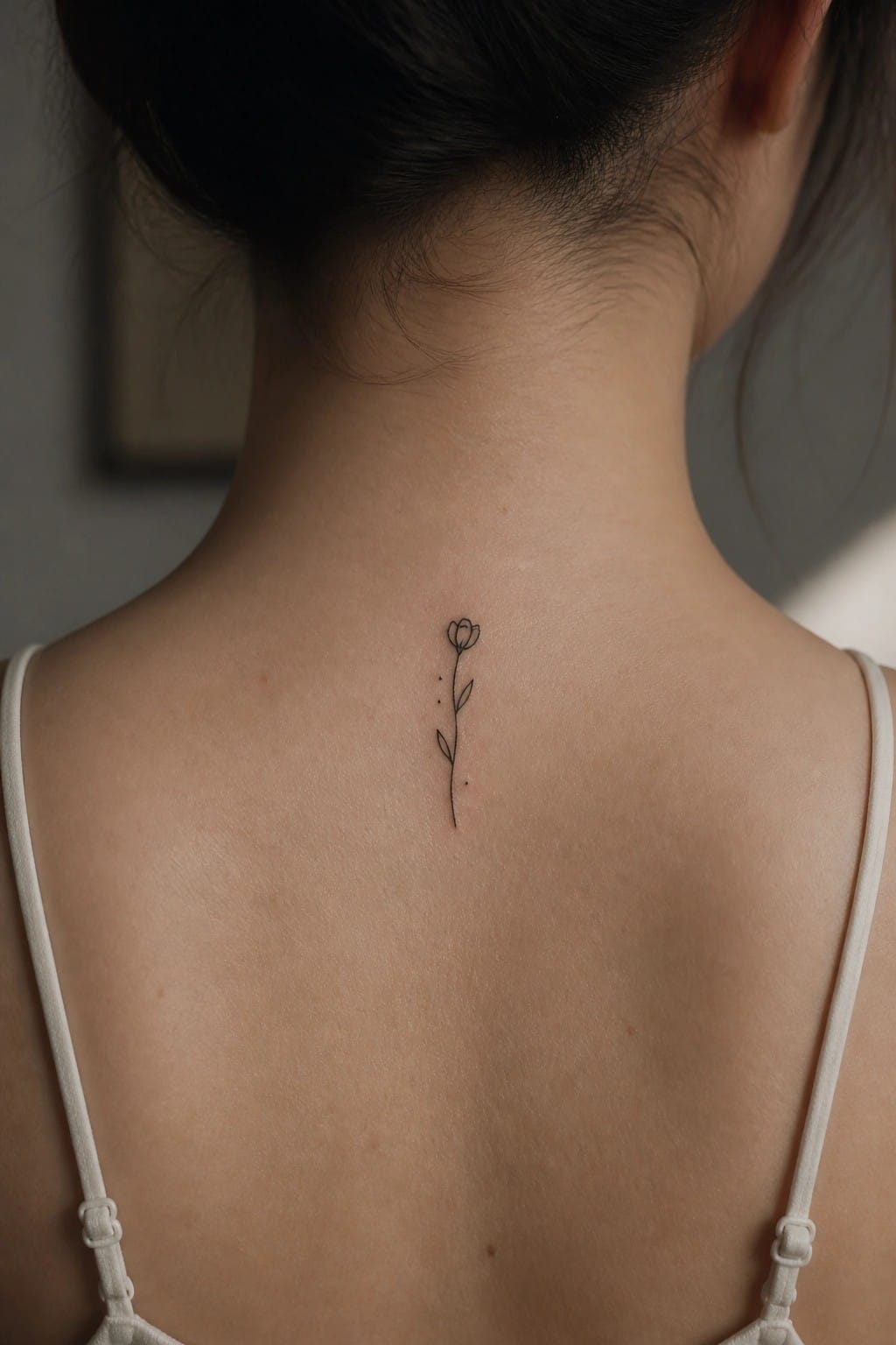 Minimalist flower tattoo on nape of neck above white spaghetti straps