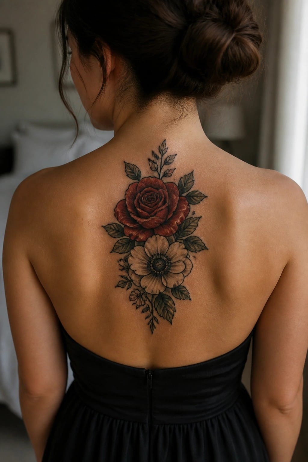 Woman with bun hairstyle and red rose tattoo on back in black strapless dress