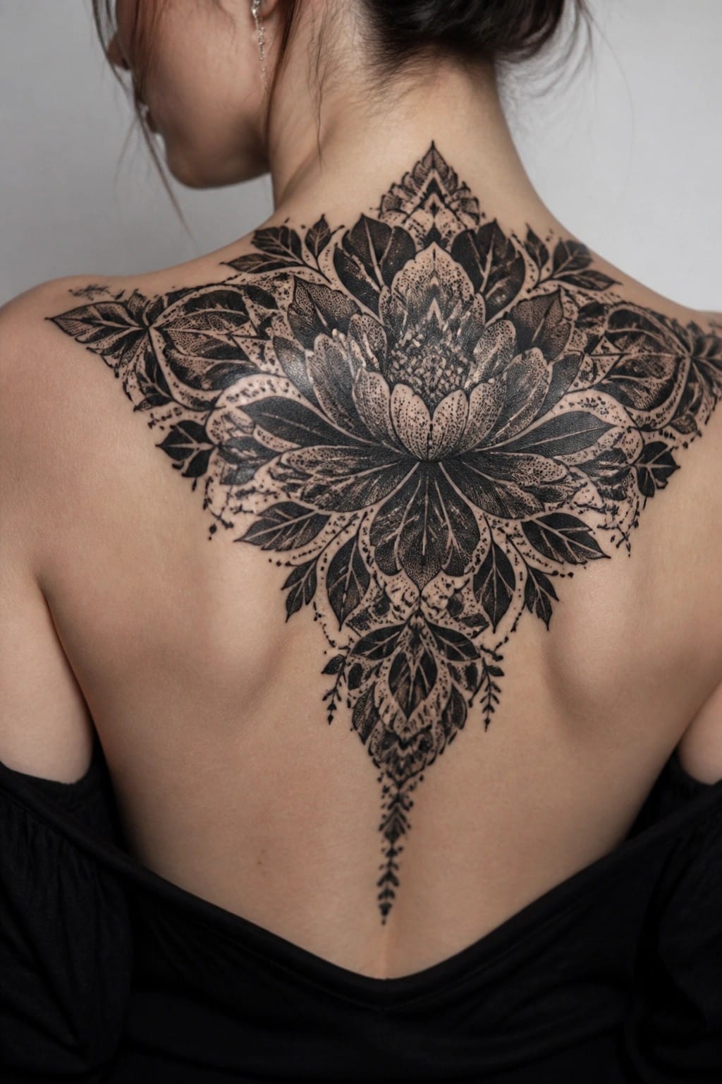 Woman's back with large symmetrical black floral mandala tattoo and leaves.