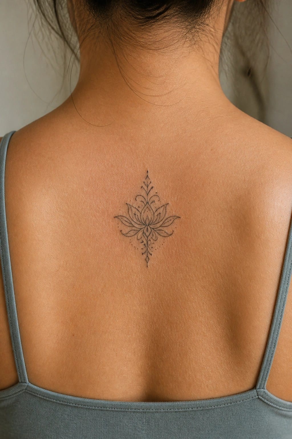 Ornate black lotus tattoo centered on upper back above gray tank top straps