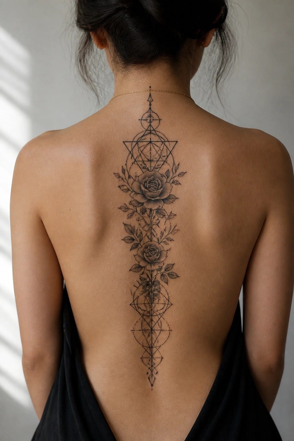 Woman's back with large geometric rose tattoo and gold necklace over black dress