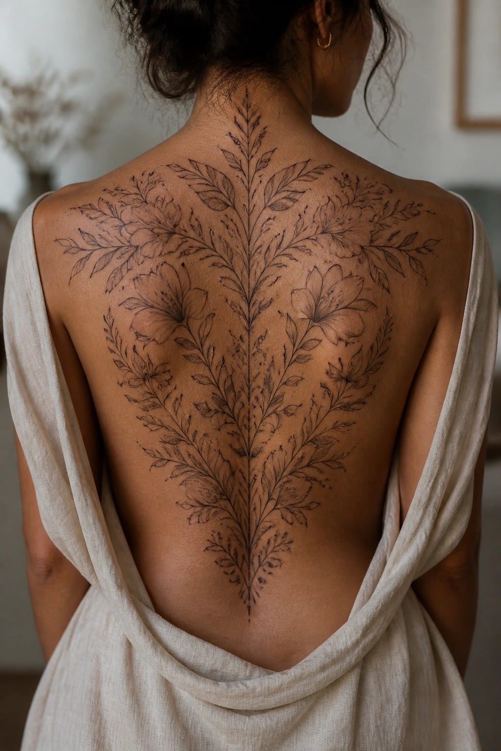 Symmetrical floral tattoo covering woman's bare back with white draped fabric