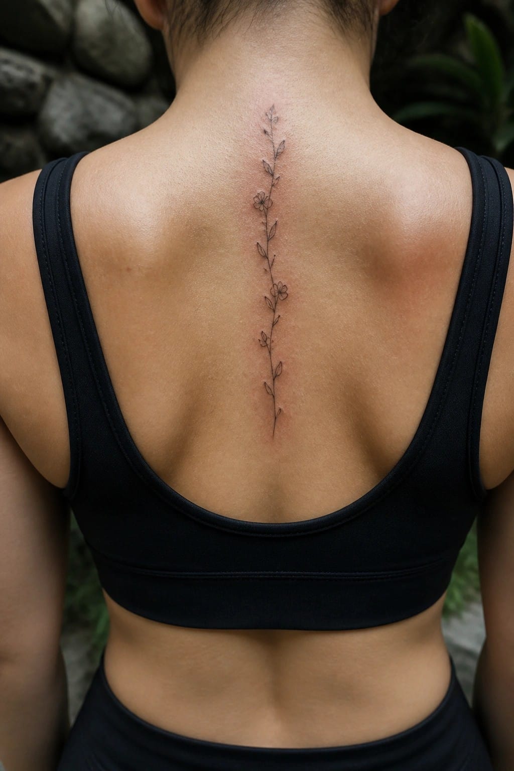 Woman's back in black sports bra with delicate floral spine tattoo.