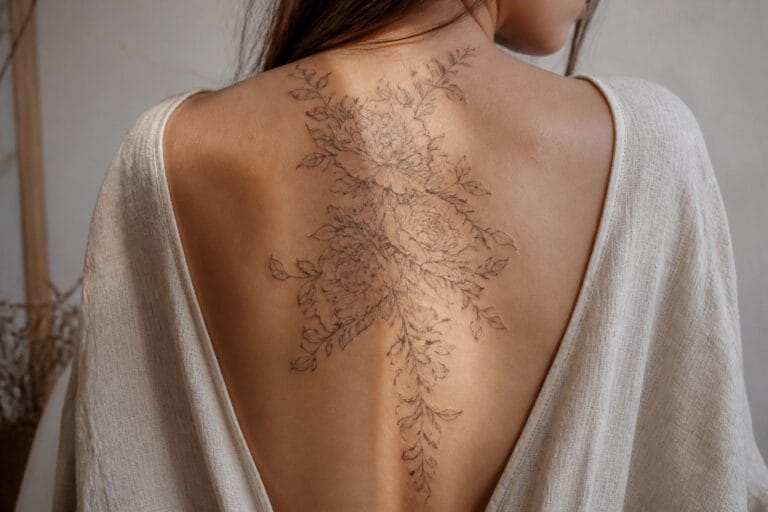 18 Dreamy Back Tattoos for Women Centered Around Elegant Floral Patterns Woman's back with large floral tattoo, light open-back top, hair in bun.