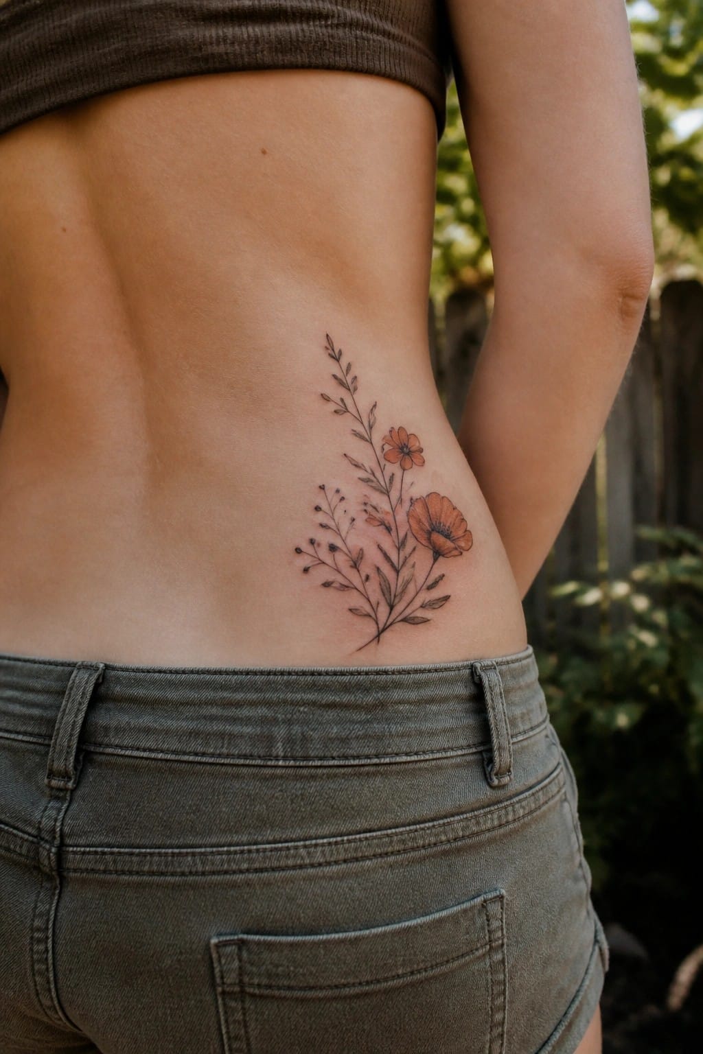 Woman's lower back with orange poppy tattoo above green denim shorts