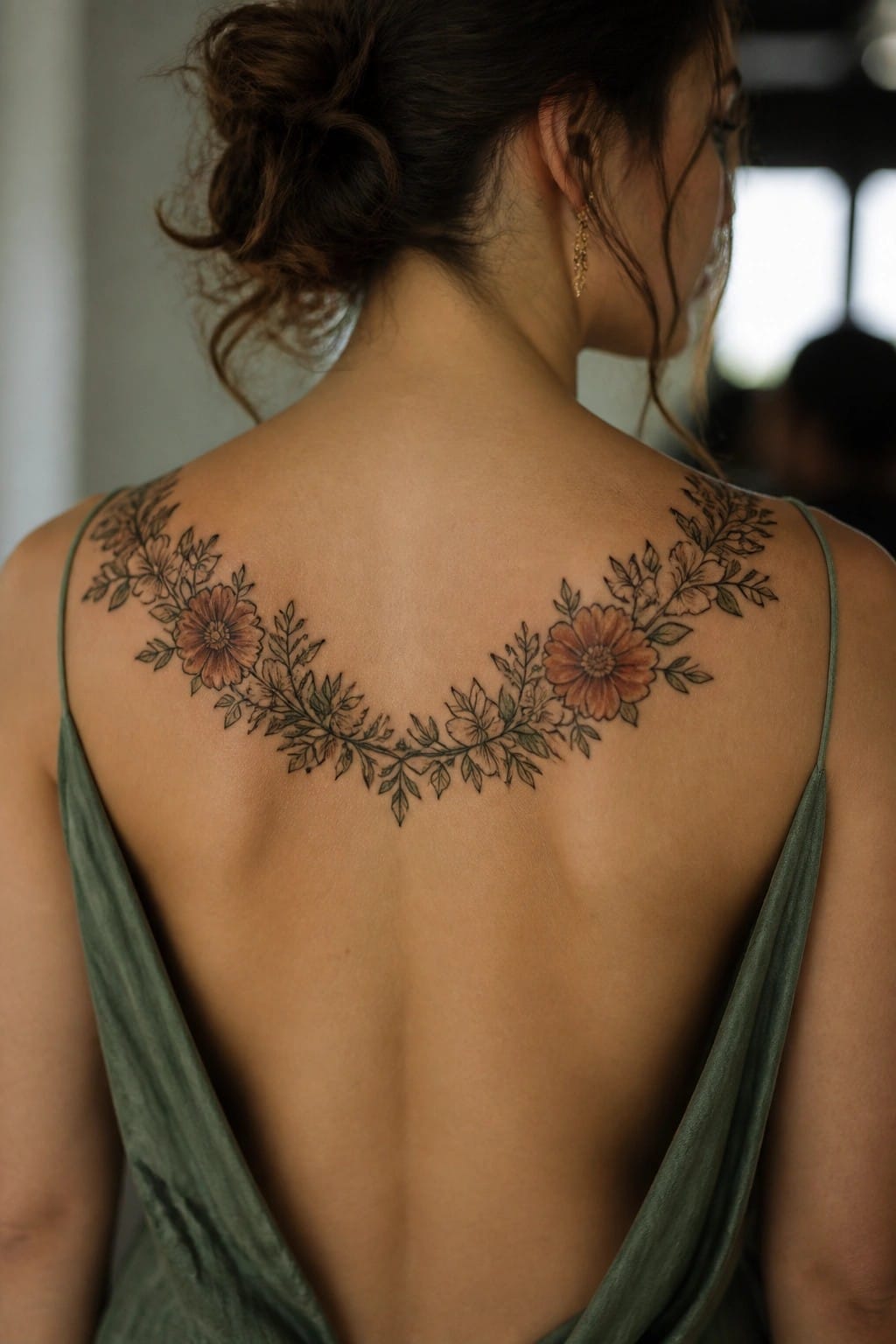Woman's upper back with floral tattoo in backless green dress.