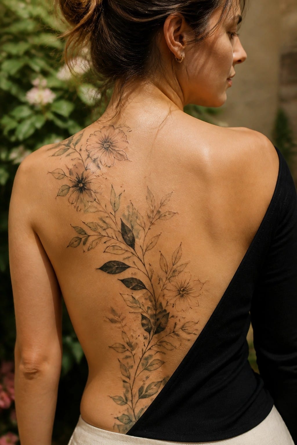 Woman's back with large floral tattoo, black off-shoulder top, hair in bun outdoors