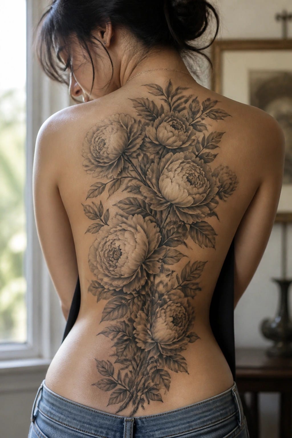 Woman's bare back with large black-and-gray peony tattoo above blue jeans