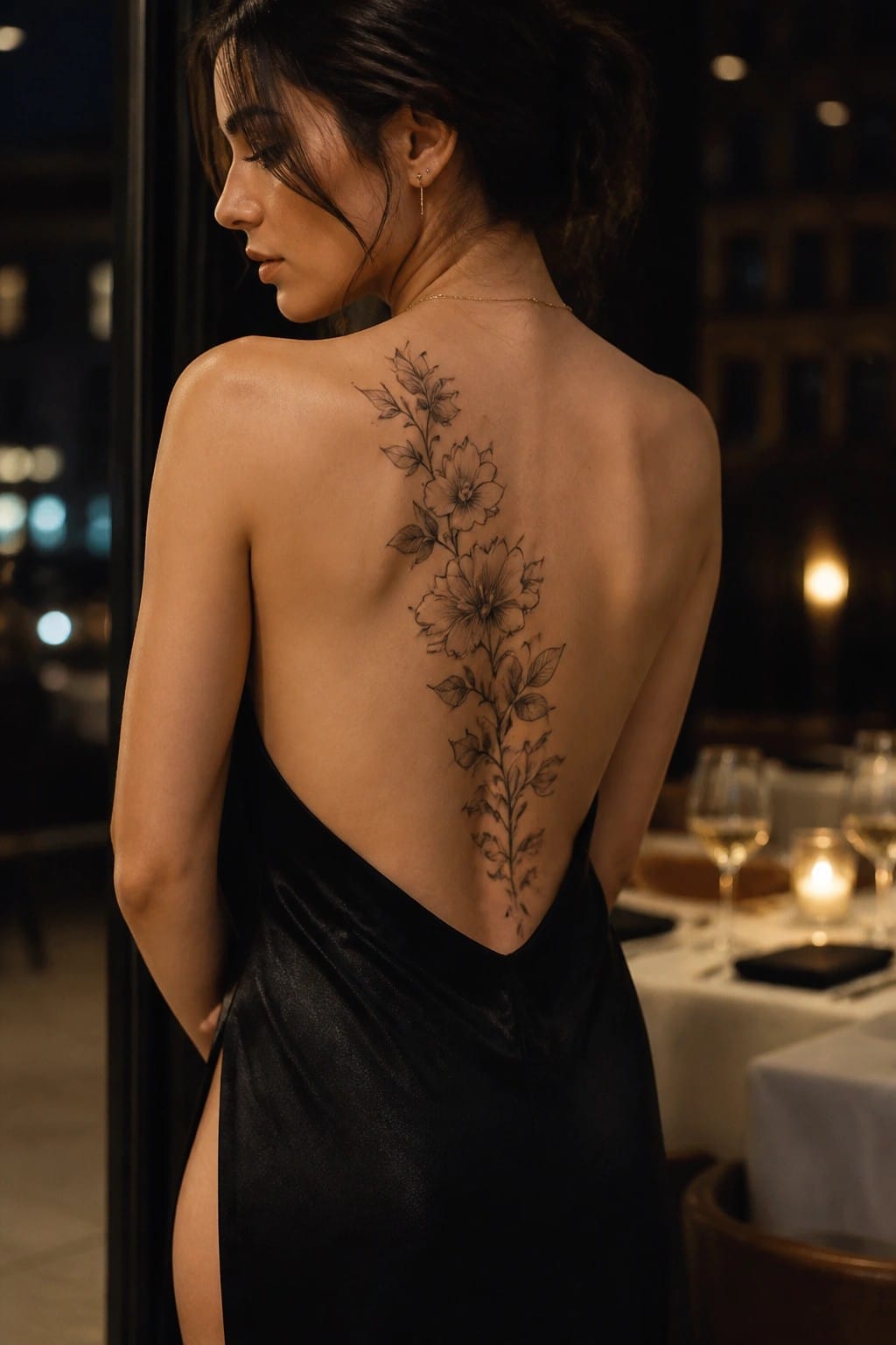Woman in black backless dress with large floral back tattoo in elegant restaurant