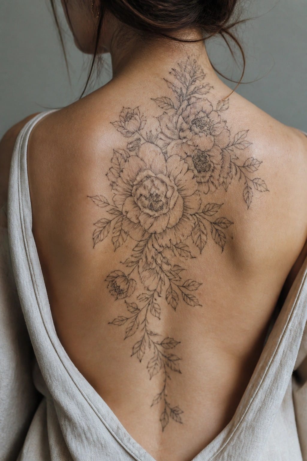 Woman's back with large floral tattoo, light open-back top, hair in bun.