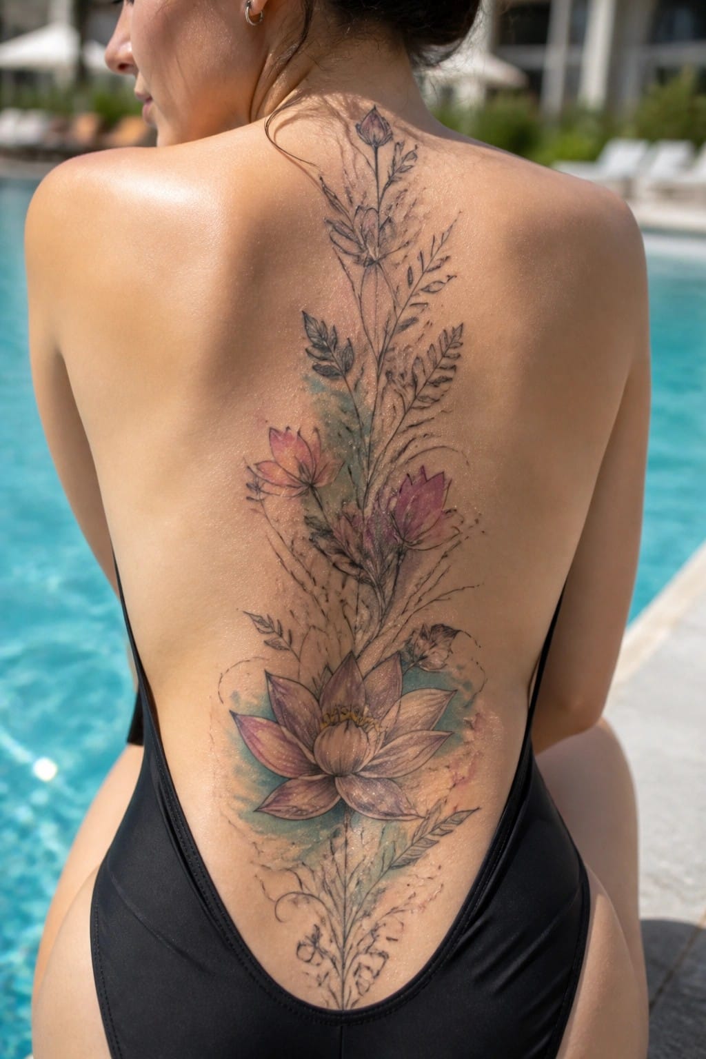 Woman's back with large colorful lotus tattoo in black swimsuit by pool