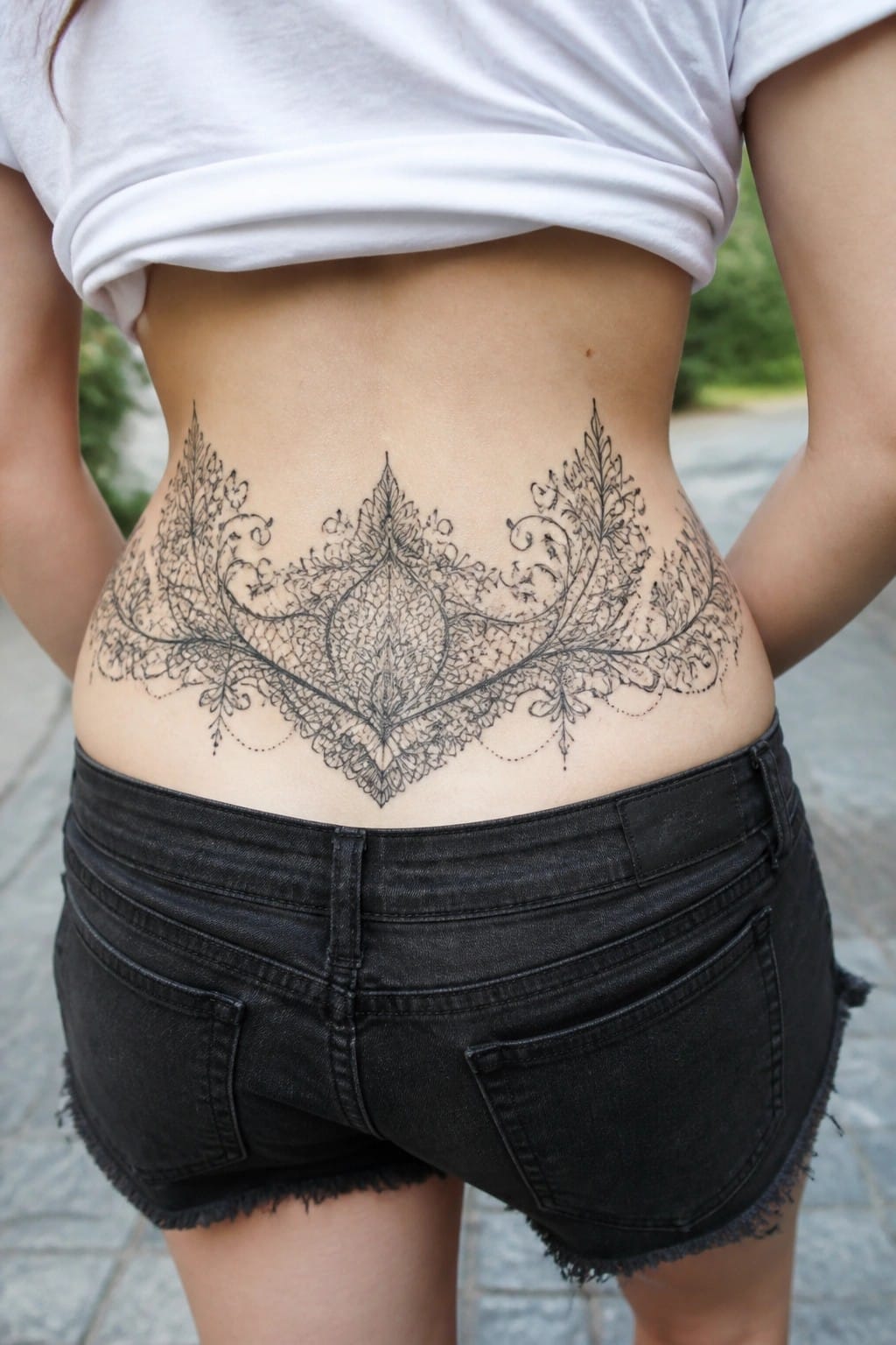 Ornate black tattoo across lower back, white crop top and black denim shorts.
